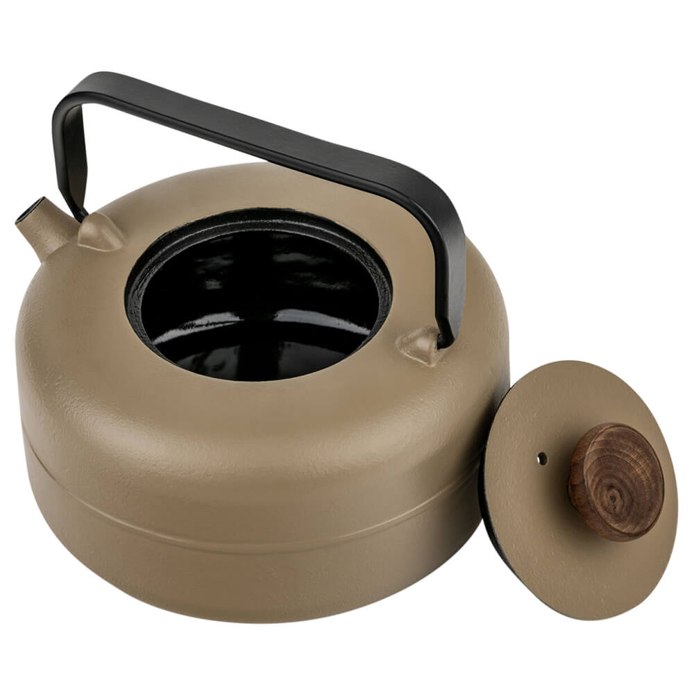 Teekanne Gusseisen Henan beige mit Holzknauf offen#eisenkanne-aus-china_beige