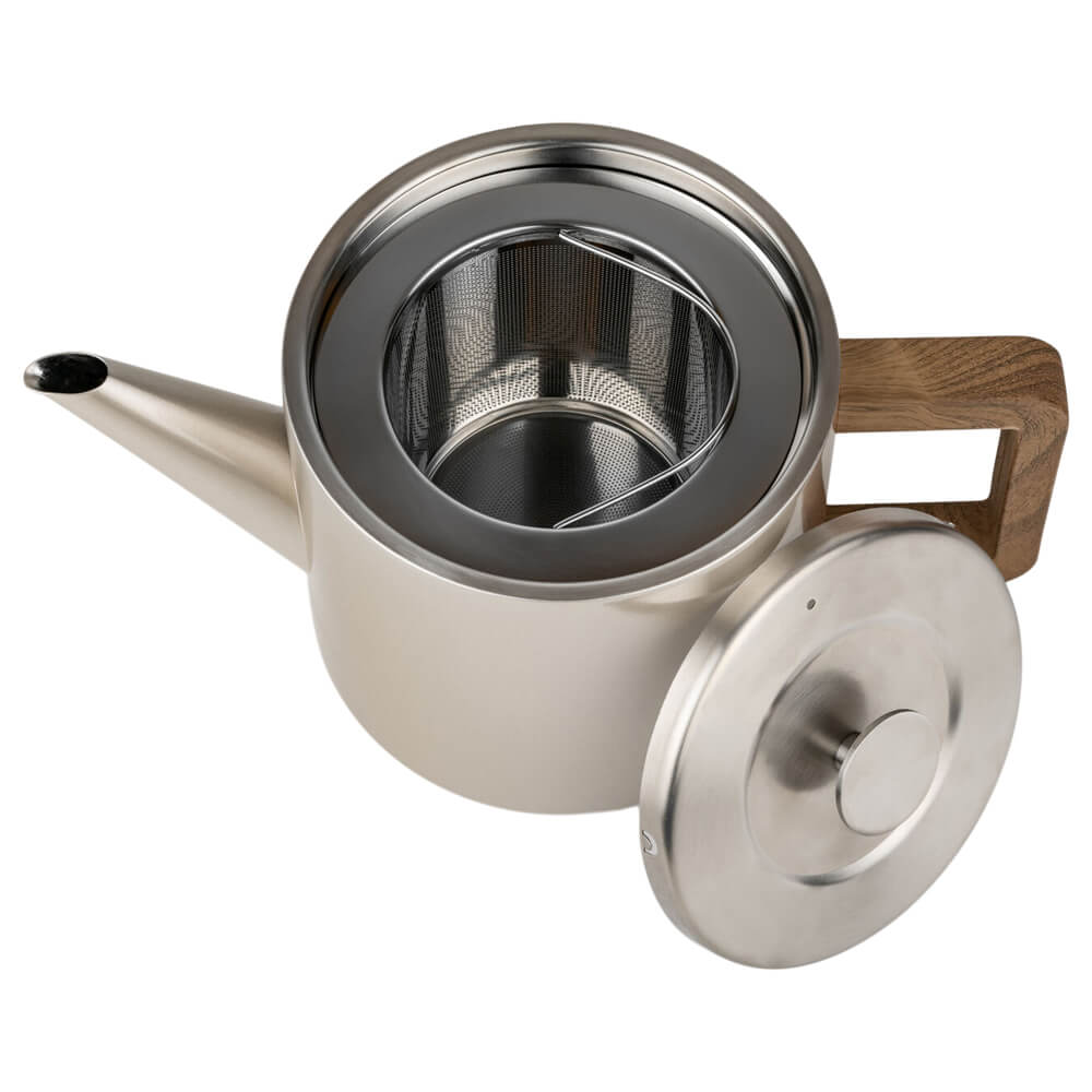 Geöffnete Bredemeijer Teekanne Narvik Champagne mit sichtbarem Edelstahlfilter und Deckel#teekanne_champagne