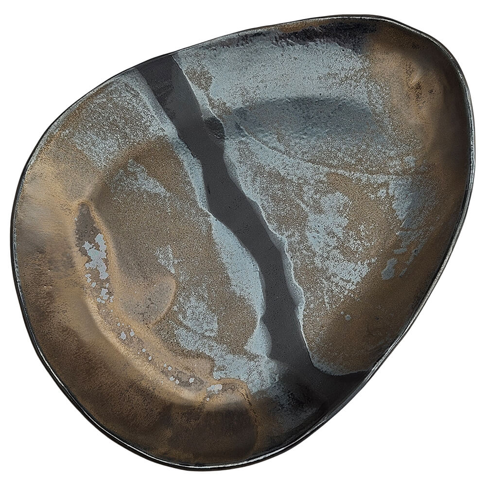Handgefertigtes Tee-Tablett Kagami aus dem Atelier TōKo mit Bronze-Glasur in organischer Form