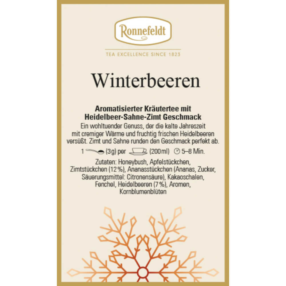 Aromatisierter Ronnefeldt Kräutertee Winterbeeren mit Heidelbeer-Sahne-Zimt Geschmack Winter Etikett