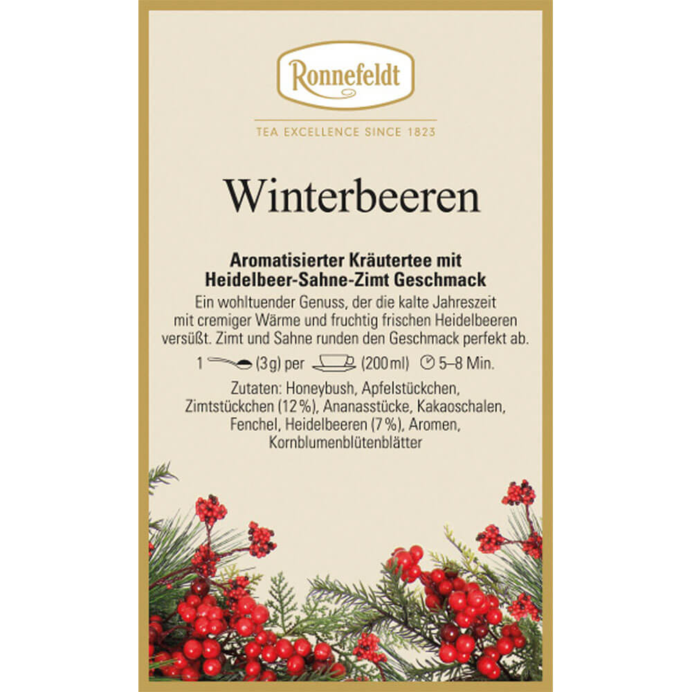Aromatisierter Ronnefeldt Kräutertee Winterbeeren mit Heidelbeer-Sahne-Zimt Geschmack Etikett