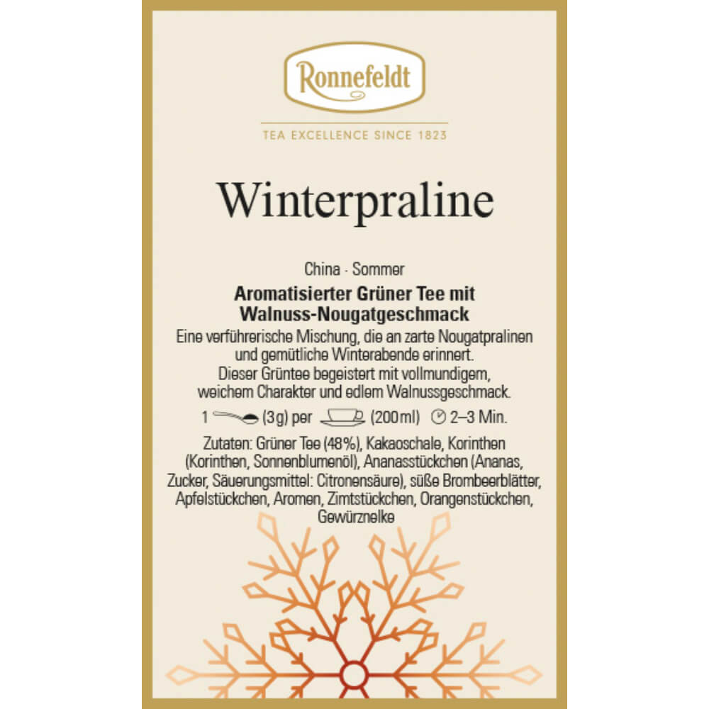 Etikett des Ronnefeldt Grüntees Winterpraline mit Walnuss-Nougatgeschmack