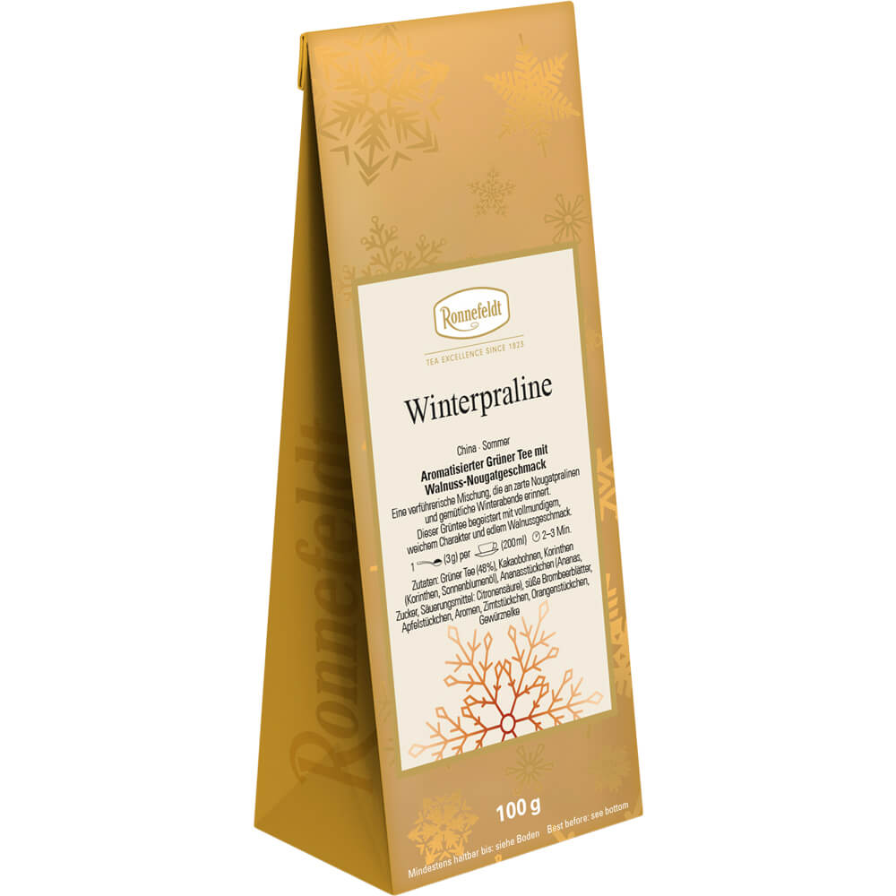 100-g-Packung Grüntee Winterpraline von Ronnefeldt im goldenen Winterdesign