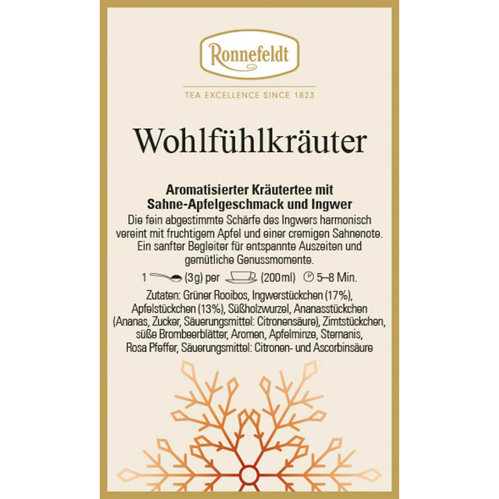 Etikett des Ronnefeldt Kräutertees Wohlfühlkräuter mit Sahne-Apfelgeschmack und Ingwer