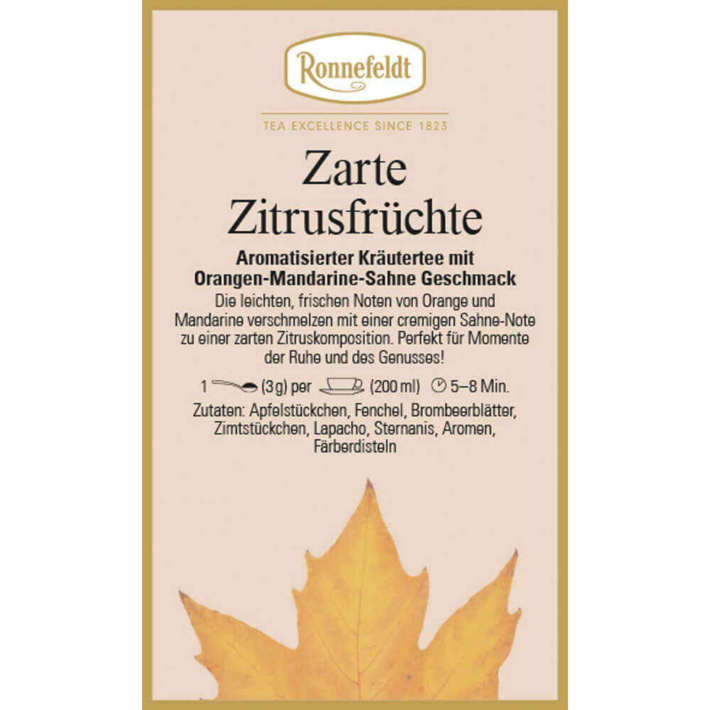 Neuer aromatisierter Kräutertee Zarte Zitrusfrüchte mit Orangen-Mandarine-Sahne Geschmack Etikett