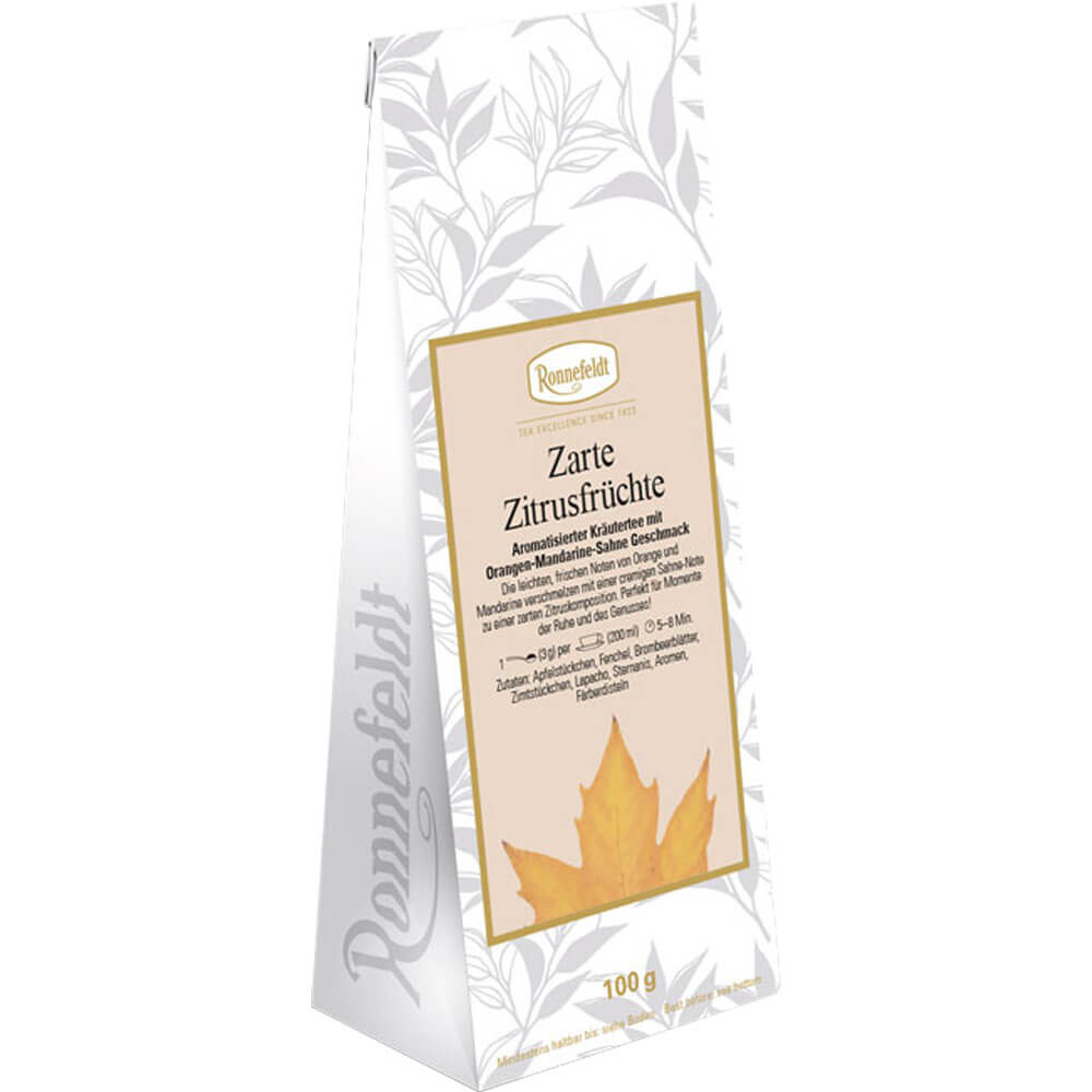 Neuer aromatisierter Kräutertee Zarte Zitrusfrüchte mit Orangen-Mandarine-Sahne Geschmack Packung
