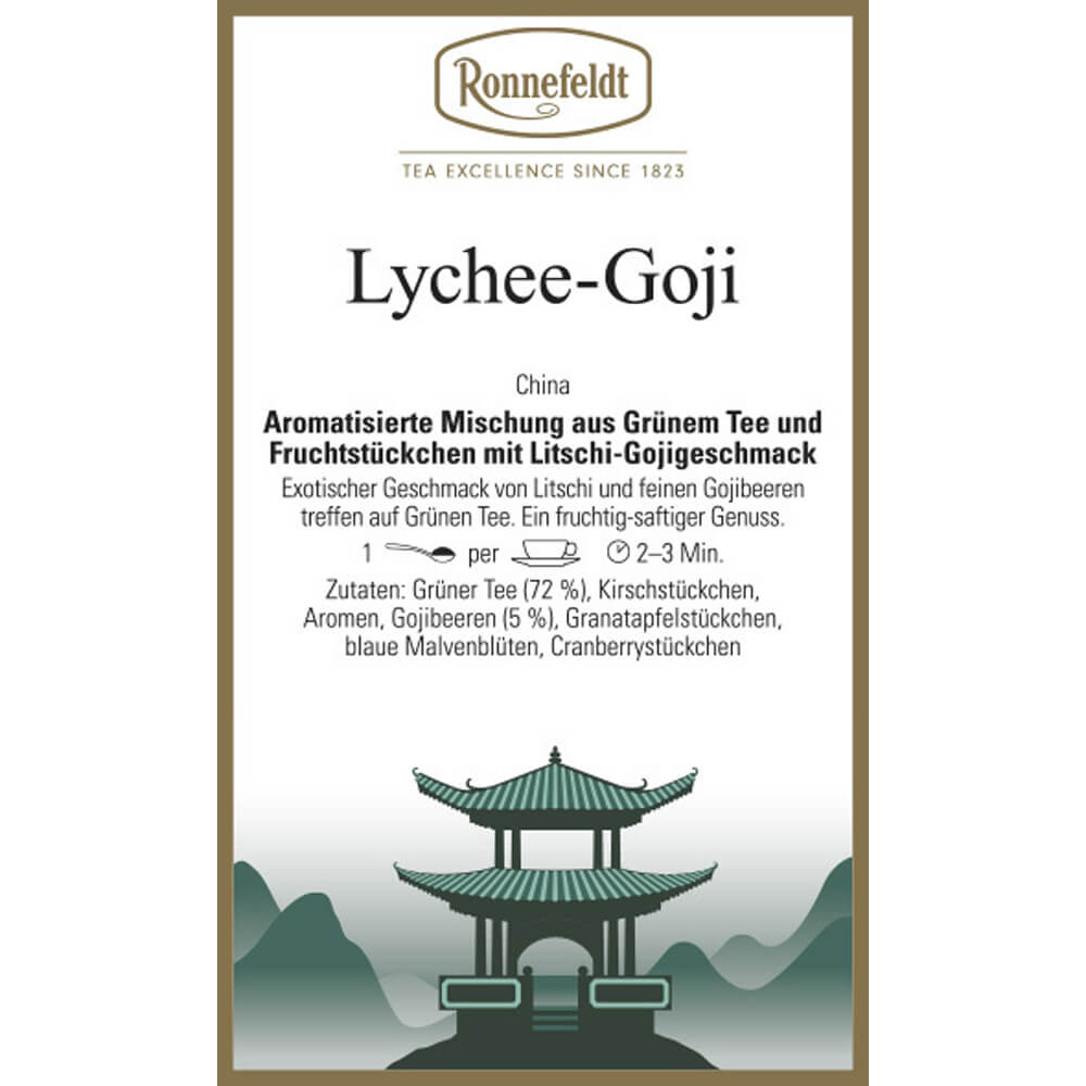 Grüntee mit Fruchtstückchen Lychee-Goji Etikett