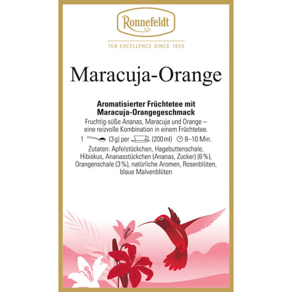Früchtetee Maracuja Orange Etikett