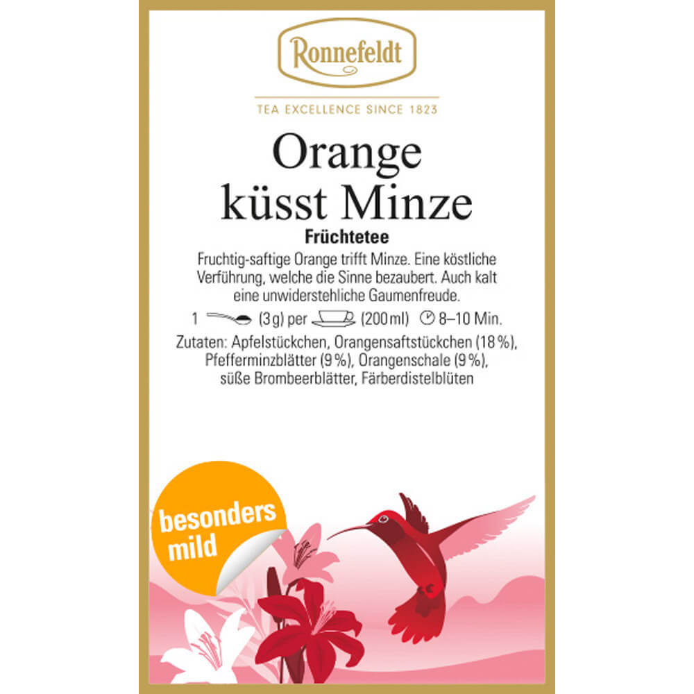 Ronnefeldt Früchtetee Orange küsst Minze Etikett