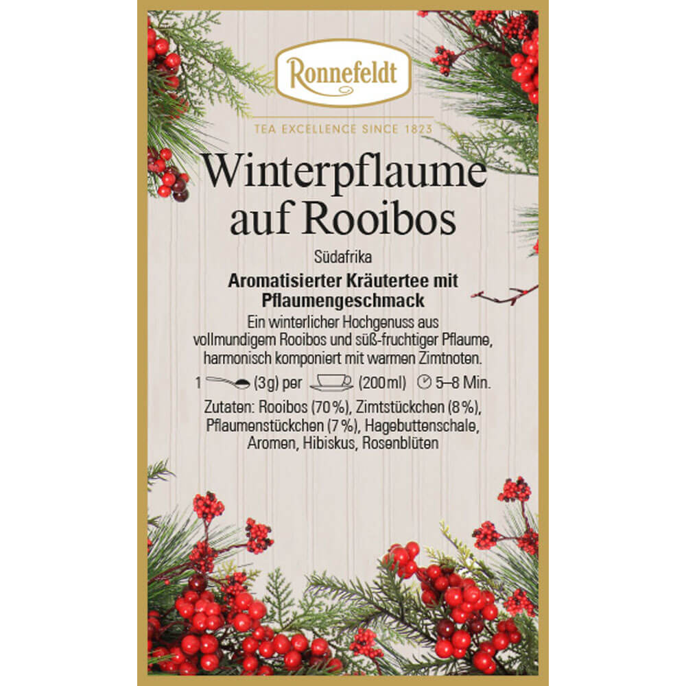 Ronnefeldt Winterpflaume auf Rooibos Etikett