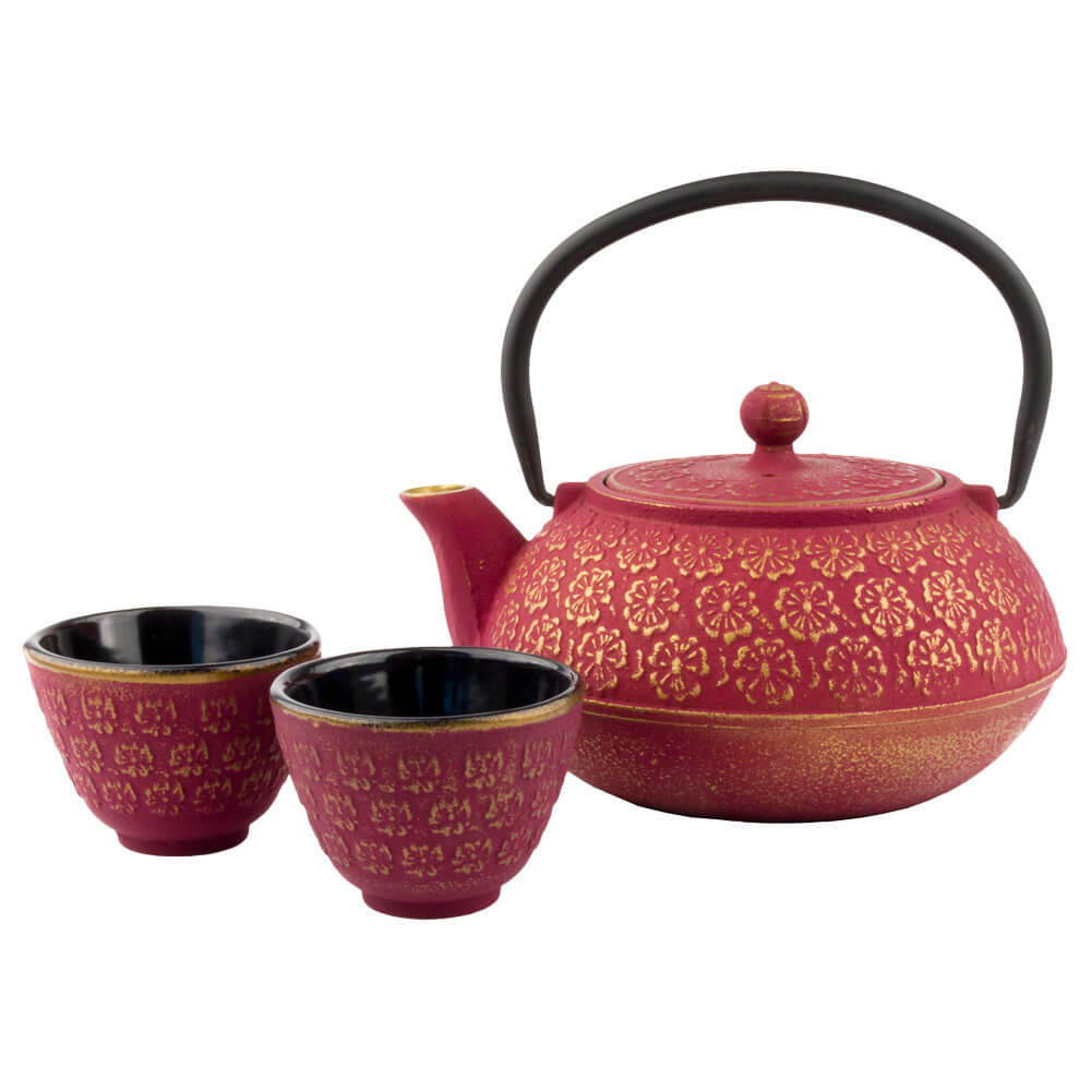 Gusseisen Teekanne Shanghai inkl. 2 Tassen, pink/gold