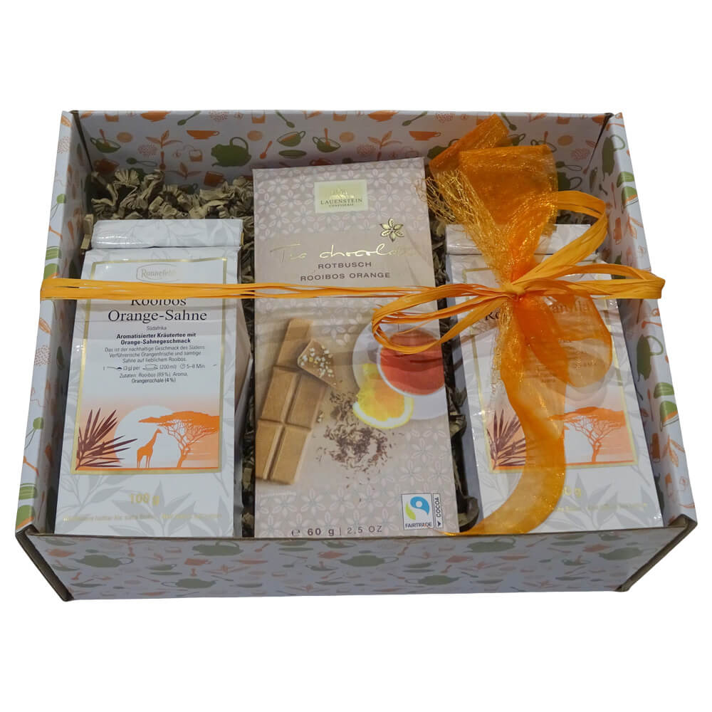 Rooibos Geschenkbox mit Schokolade offen