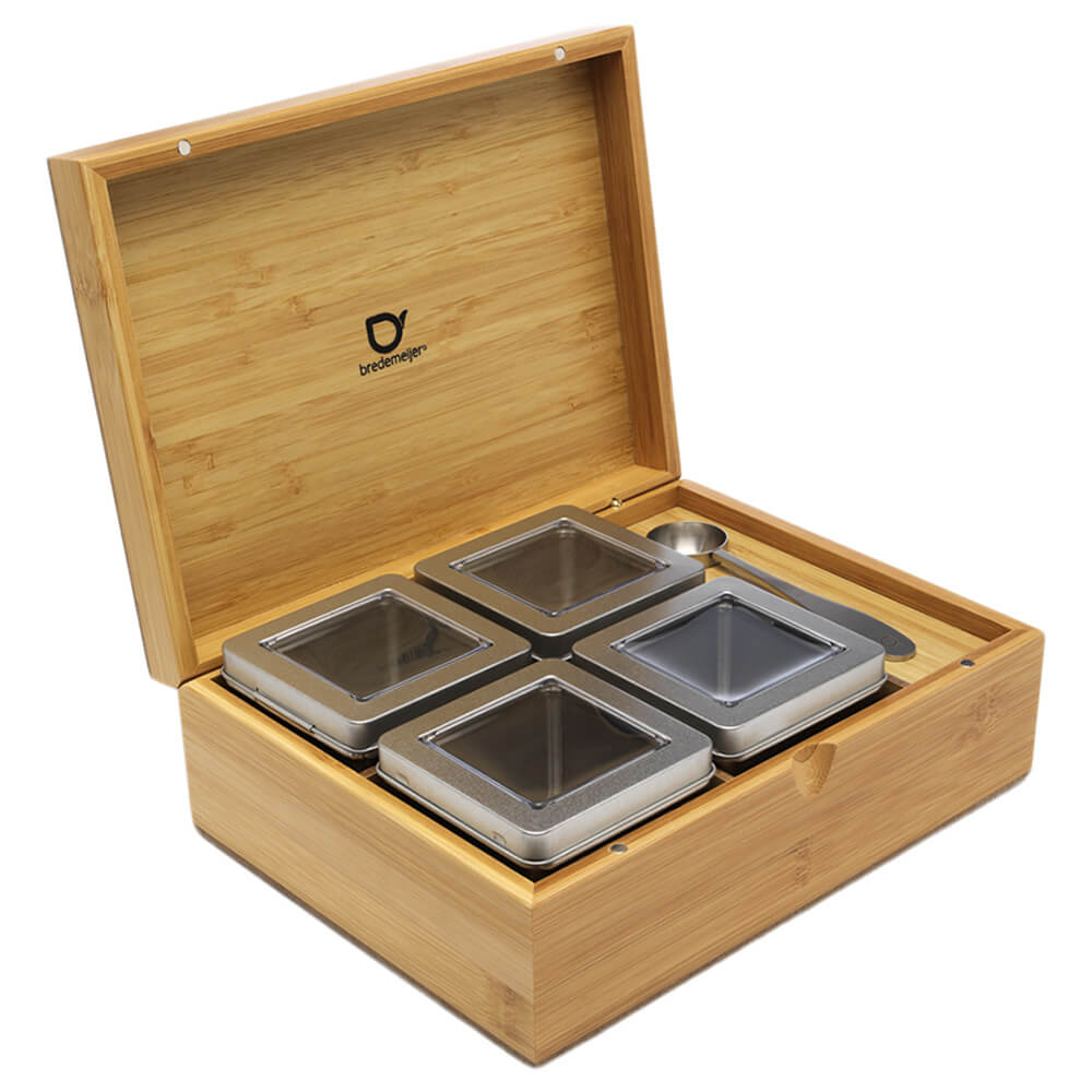 Teebox mit vier Teedosen Bambus natur und Teemaßlöffel offen#box_bambus-natur